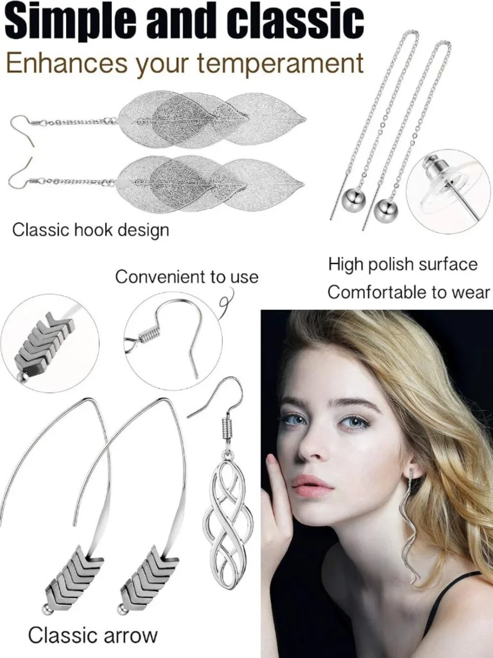 13 Pairs Curved Metal Drop Dangle Earrings Set - Threader, Wave, Arrow & Leaf